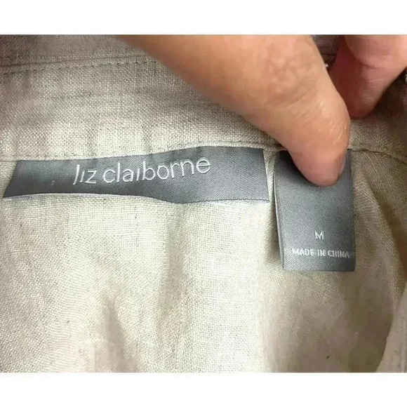 Liz Claiborne Beige 3/4 Sleeve Blouse MEDIUM 100% Linen Crochet - Picture 3 of 11